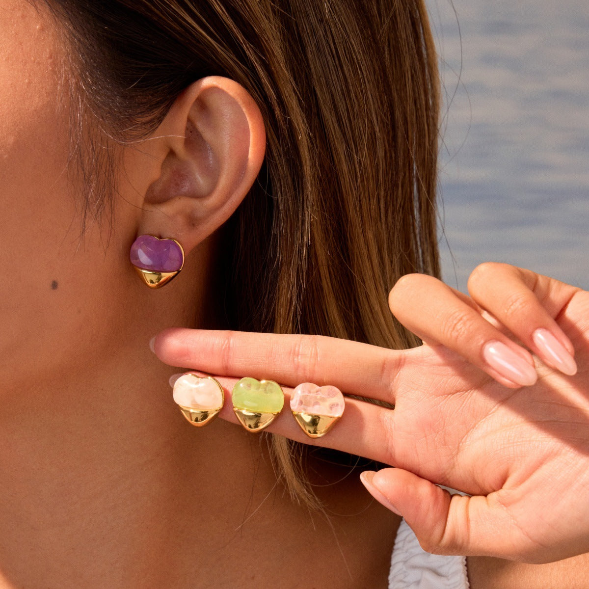 Love Heart-shaped Resin Stud Earrings Stainless Steel Earrings 18K Gold Plating