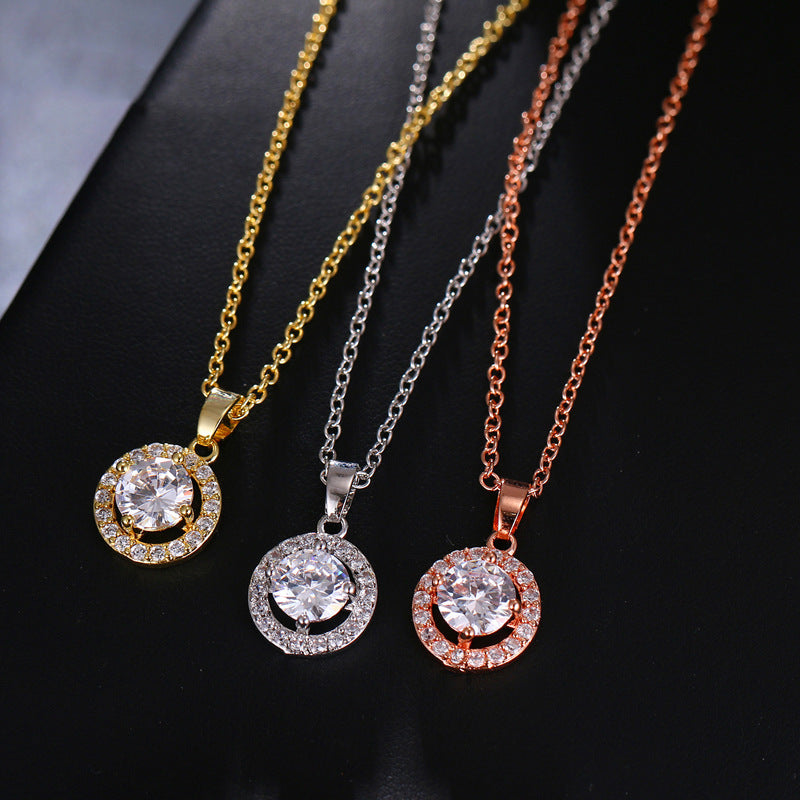 Manifold Simple Round Zircon Inlaid Clavicle Chain Necklace Earrings Two-piece Set