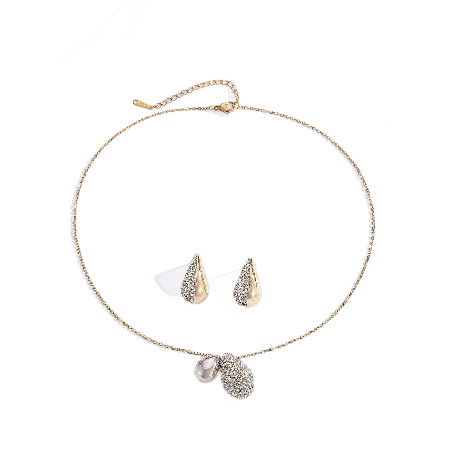 Elliptical Necklace Women's Full Diamond Droplet Shaped Necklace Earring Set