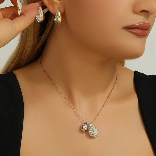 Elliptical Necklace Women's Full Diamond Droplet Shaped Necklace Earring Set