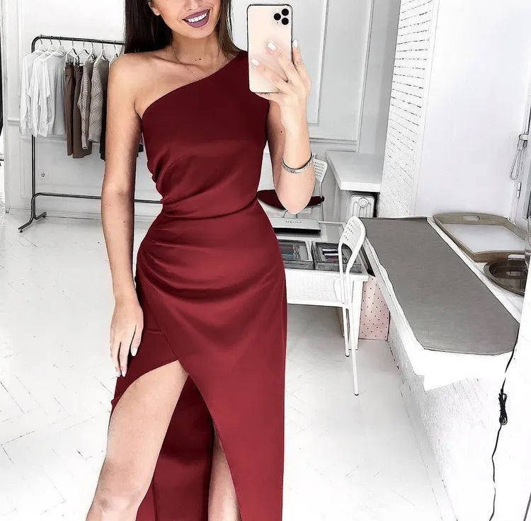 Elegant Sexy Slim-fit Shoulder Slit Satin Dress For Women