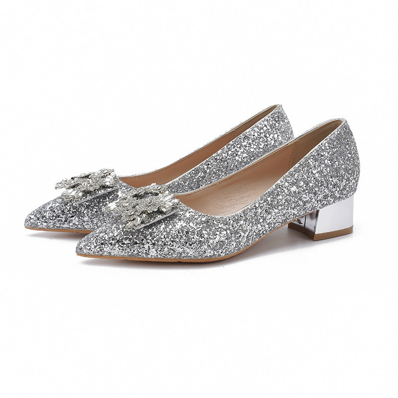 Silver French Style Mid Heel Ladies New Square Buckle Large Size Plus Sizes Pumps